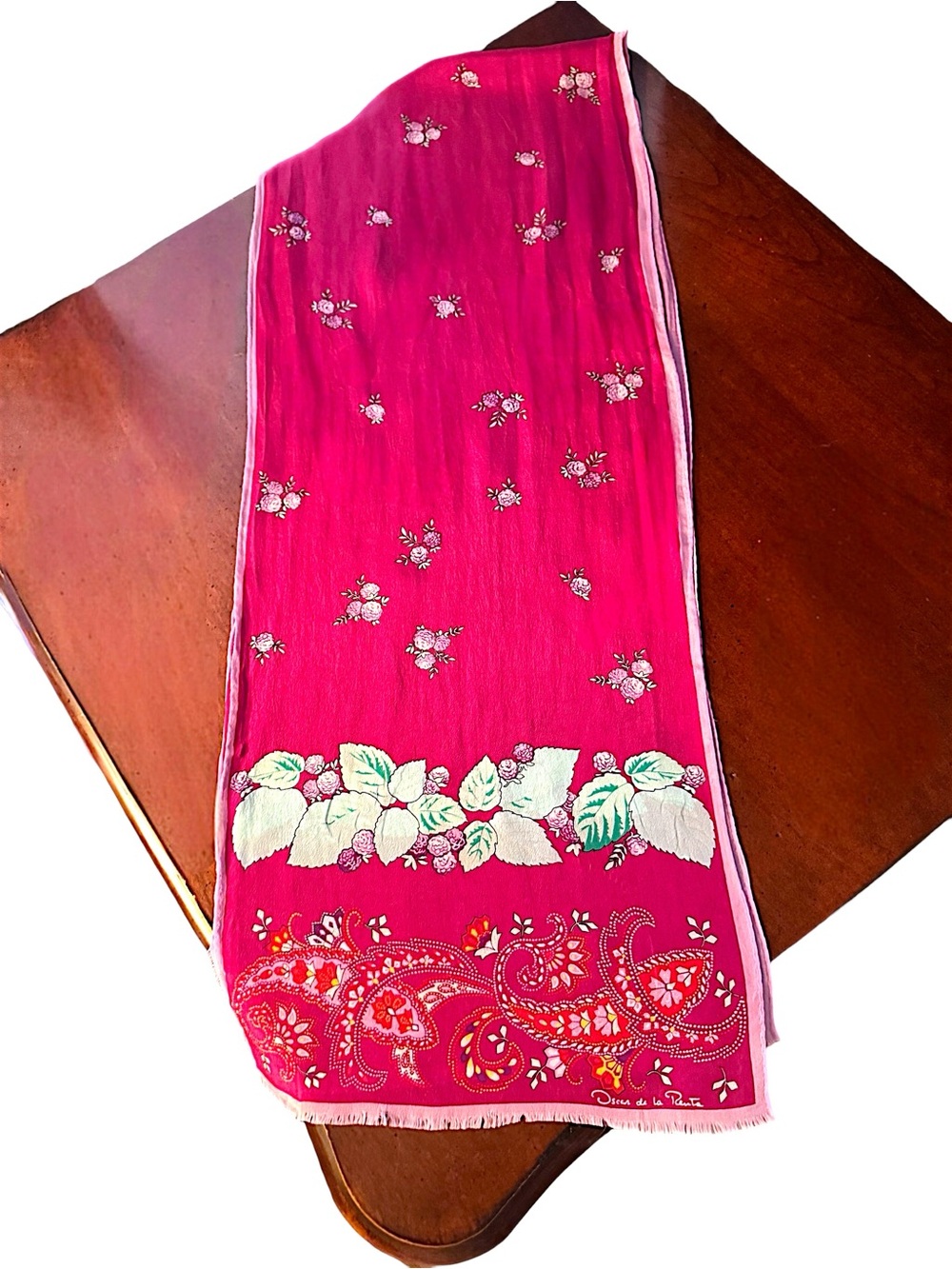 Oscar de la Renta 80’s Silk Raspberry Pink Botanical & Paisley Oblong Scarf